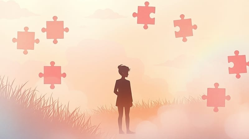 Nieostre fragmenty wspomnień, unoszące się jak puzzle w eterycznym, pastelowym świetle.