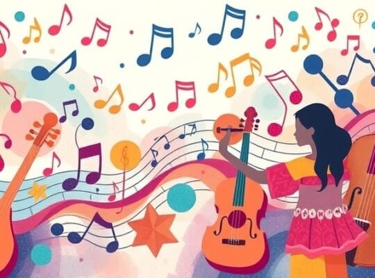 Abstrakcyjna wizja dźwięków z różnych kultur, łączących się w pastelowe fale emocji.