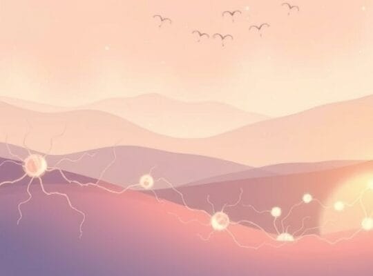 Delikatne neurony połączone z rozproszonym światłem, symbolizujące neuroinflamację i depresję.