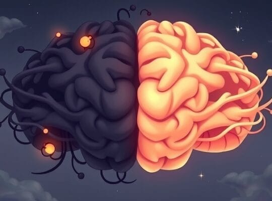 Stylizowany mózg: splątane ciemne sieci kontra zrównoważone, świetliste ścieżki.