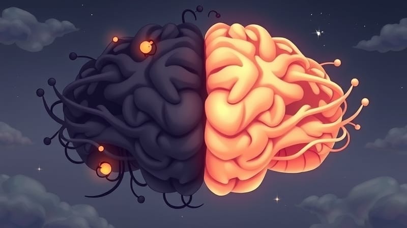 Stylizowany mózg: splątane ciemne sieci kontra zrównoważone, świetliste ścieżki.