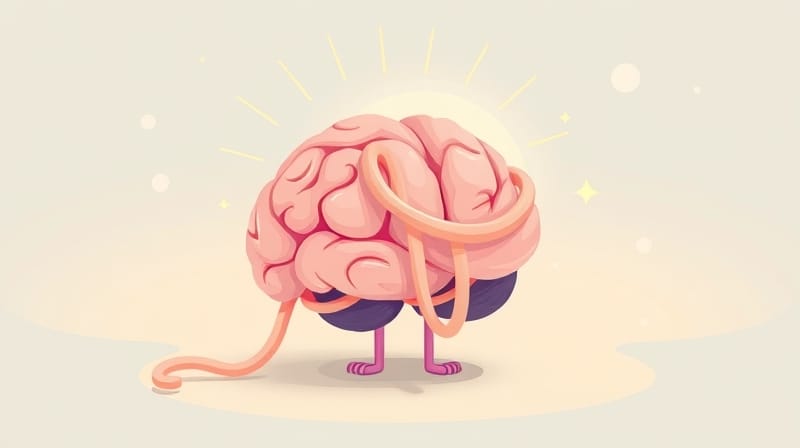 Stylizowany mózg, rozplątujący świecące nici, symbolizujący satysfakcję z rozwiązywania problemów.