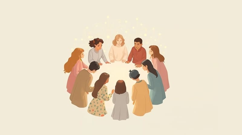 Miękkie, pastelowe postacie w kręgu, połączone świetlistymi nićmi.