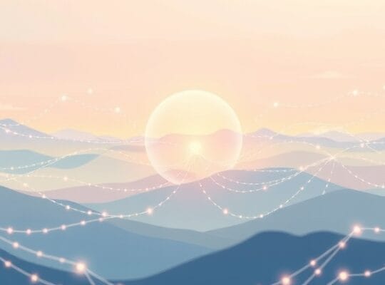 Abstrakcyjny krajobraz świetlnych nici otaczających żarzący się symbol samooceny.