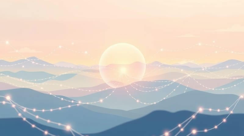 Abstrakcyjny krajobraz świetlnych nici otaczających żarzący się symbol samooceny.