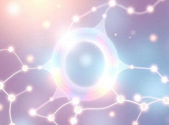 Pastelowe świetliste ścieżki neuronowe, otwierające się bramki, cząsteczki wapnia – symbol glutaminianu w nauce.