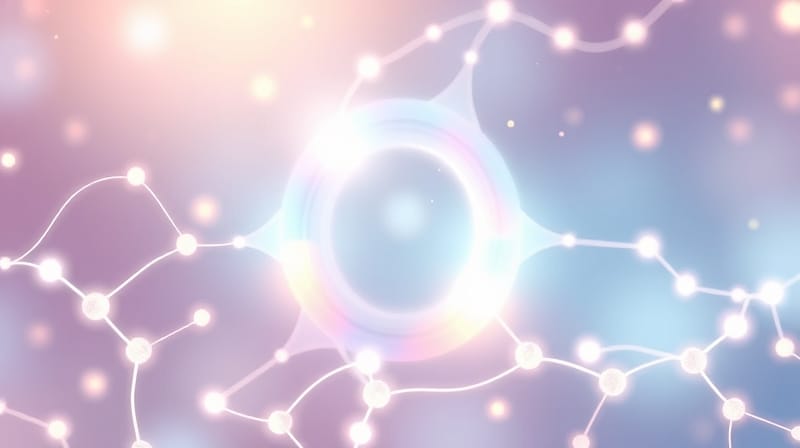 Pastelowe świetliste ścieżki neuronowe, otwierające się bramki, cząsteczki wapnia – symbol glutaminianu w nauce.