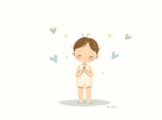 Ilustracja dziecka ze światłem z piersi, otoczony spokojną, pastelową zielenią i błękitem.