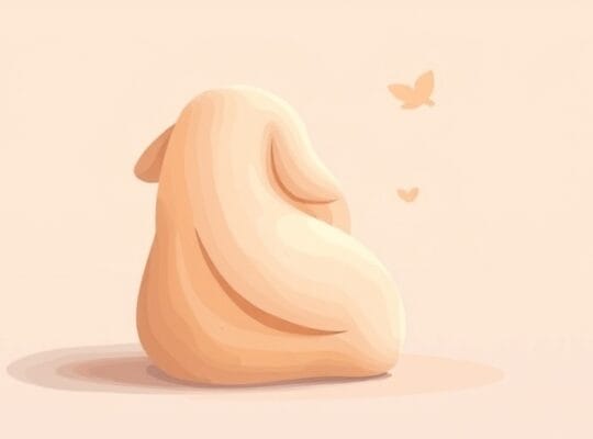 Abstrakcyjne ciepłe kształty, rodzic otaczający dziecko, delikatne światło.