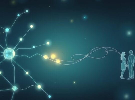 Sieć neuronowa z osłabionym fragmentem, z którego niepewnie wychodzą nici w stronę ludzi.