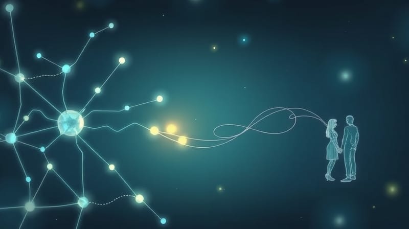 Sieć neuronowa z osłabionym fragmentem, z którego niepewnie wychodzą nici w stronę ludzi.