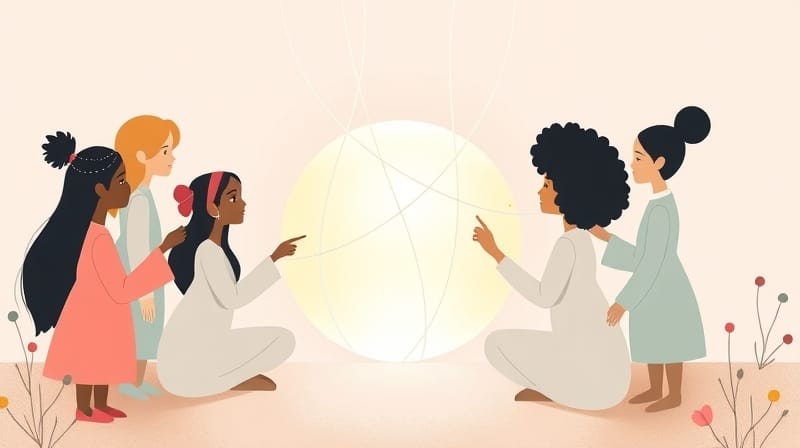 Abstrakcyjne postacie czerpią z pastelowej kuli informacji, symbolizując społeczny wpływ.