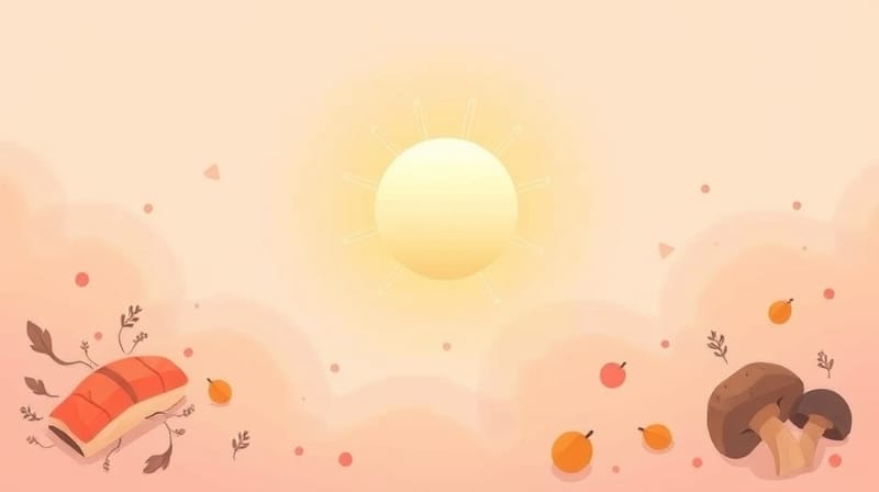 Abstrakcyjne słońce z promieniami tworzącymi ścieżki mózgowe, otoczone zdrową żywnością.