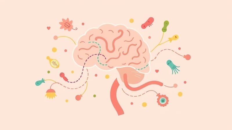 Połączenie mózgu z mikrobiomem jelitowym, symbolizujące wsparcie psychobiotyków dla leczenia lęku.
