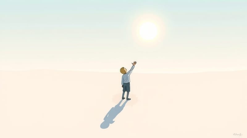 Abstrakcyjna sylwetka wyciąga dłoń, cień zniekształcony kontrastuje z jasnym punktem.