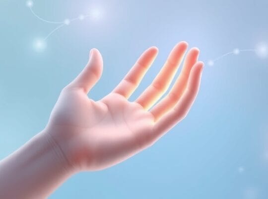 Eteryczna dłoń splata się z abstrakcyjnym odbiciem, ilustrując iluzję gumowej ręki.