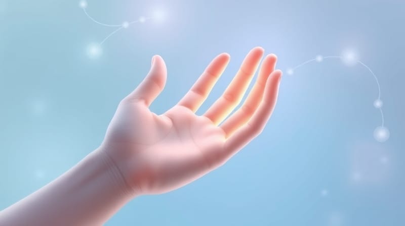 Eteryczna dłoń splata się z abstrakcyjnym odbiciem, ilustrując iluzję gumowej ręki.