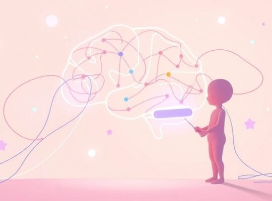 Stylizowane połączenia mózgowe łączące dwie osoby w spokojnej rozmowie.