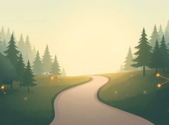 Stylizowana, spokojna ścieżka z neuronami prowadząca do słońca – metafora łagodzenia lęku przed zmianą.