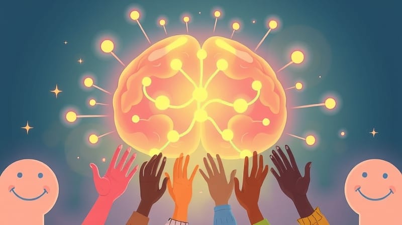 Sieć neuronowa emitująca ciepło, przeobrażająca się w uśmiechy i dłonie.