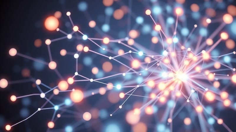 Abstrakcyjna wizualizacja sieci neuronowej w pastelowych kolorach, odzwierciedlająca spokój w trudnych rozmowach.