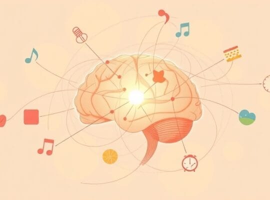 Stylizowany hipokamp jako centrum pamięci epizodycznej, połączony z symbolami zmysłów i doświadczeń.