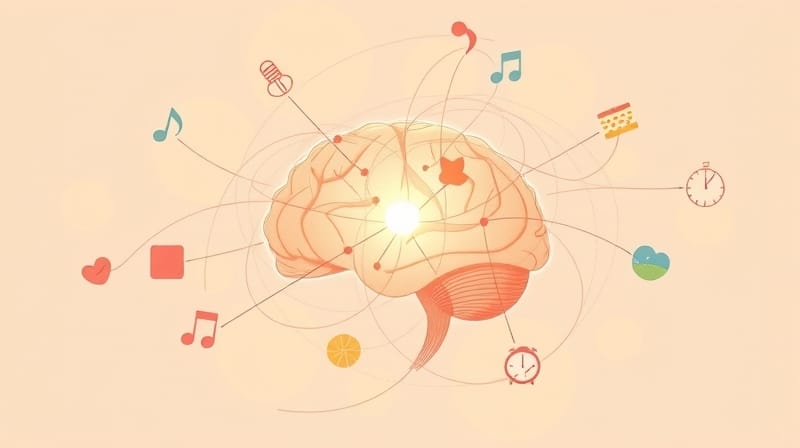 Stylizowany hipokamp jako centrum pamięci epizodycznej, połączony z symbolami zmysłów i doświadczeń.