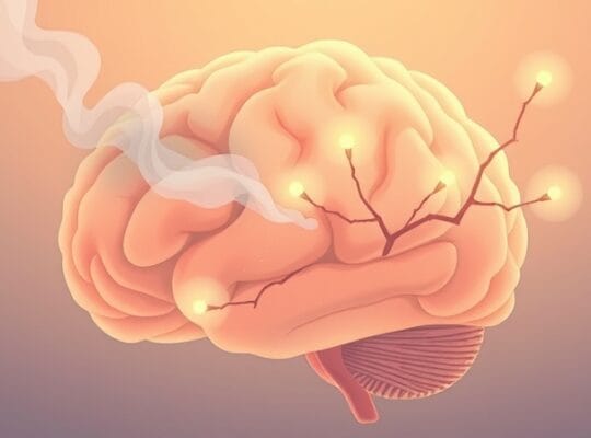 Stylizowany mózg, rozświetlające się połączenia, ustępująca mgła symbolizują zrozumiałe radzenie sobie z lękiem.