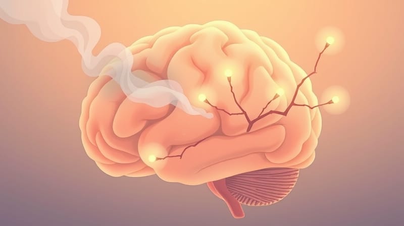 Stylizowany mózg, rozświetlające się połączenia, ustępująca mgła symbolizują zrozumiałe radzenie sobie z lękiem.