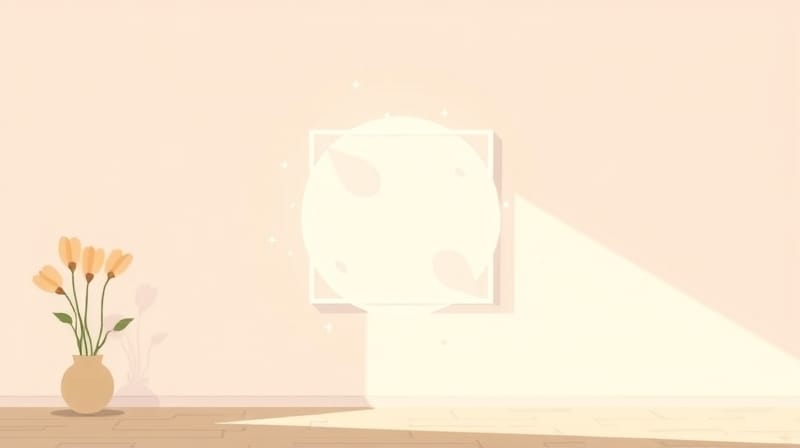 Delikatna, pastelowa poświata wokół pustego miejsca na ścianie, symbolizująca sztukę.