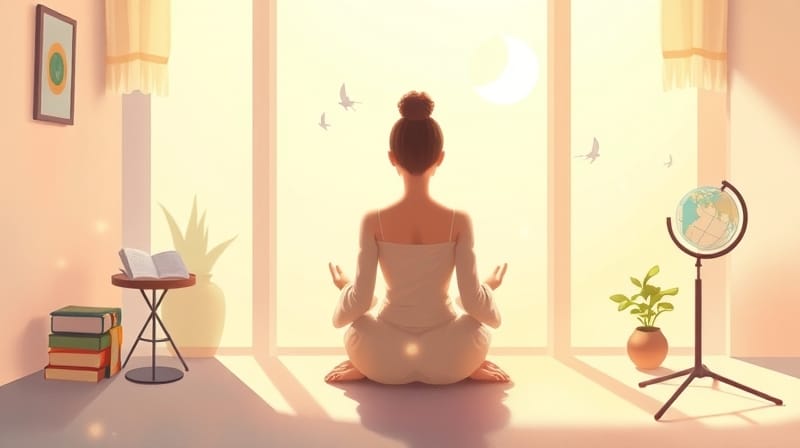 Pastelowa ilustracja: troskliwa postać otoczona symbolami tożsamości, emanująca ciepłem.