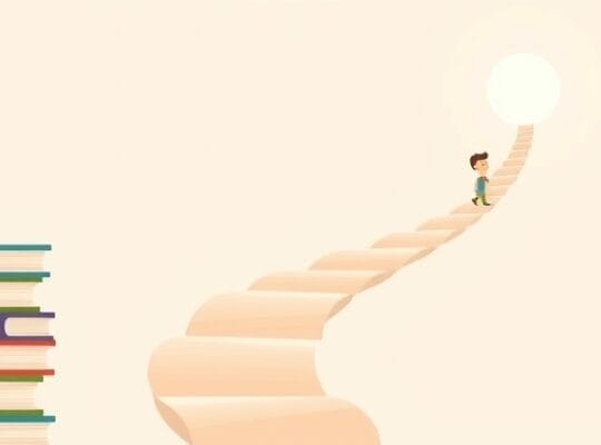 Stylizowana postać wspina się ścieżką z książek w kierunku łagodnego światła.