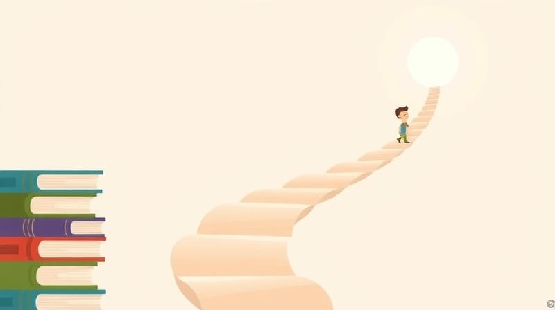 Stylizowana postać wspina się ścieżką z książek w kierunku łagodnego światła.