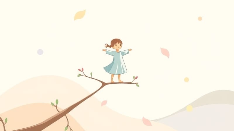 Delikatna postać balansuje na gałęzi, symbolizując emocjonalną równowagę.