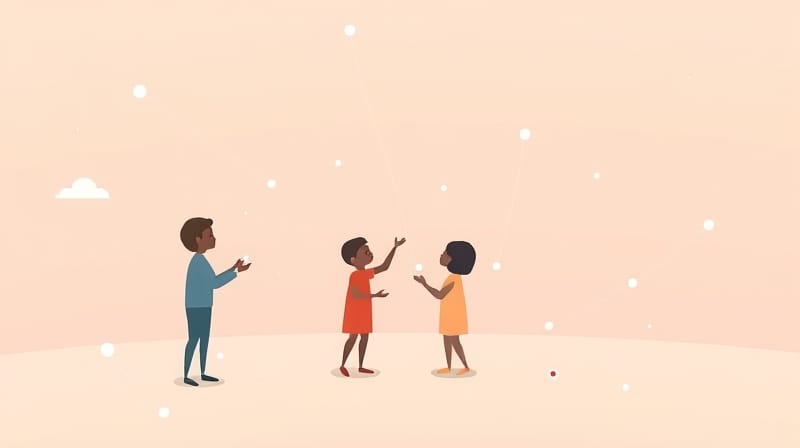 Abstrakcyjne, pastelowe figury łączą się, symbolizując porównania i połączenia.